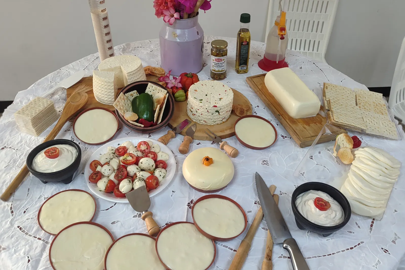 Mesa con quesos, yogures y bocconcini elaborados durante una jornada de ASINTECA